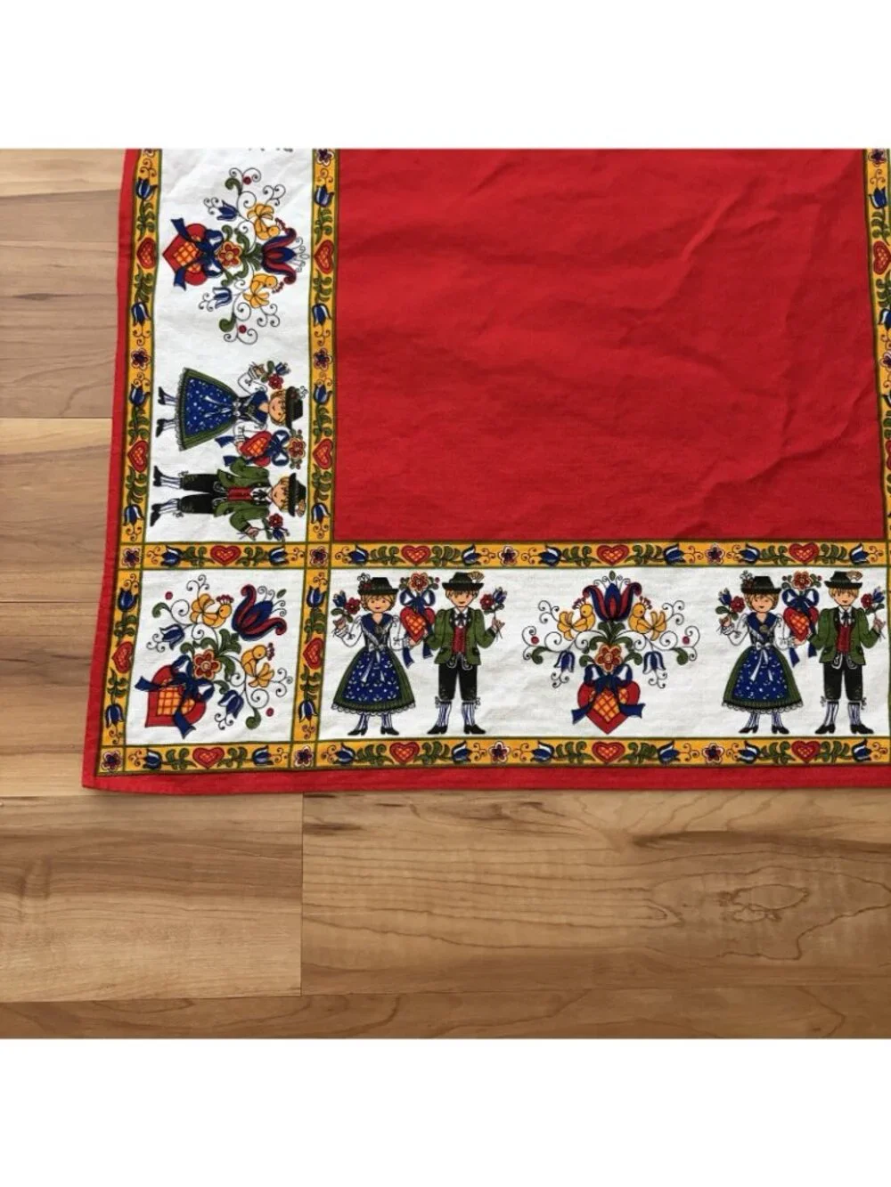 1960's Kolf Austria Folk Art Red White Cotton Tablecloth 26” By 29” EUC